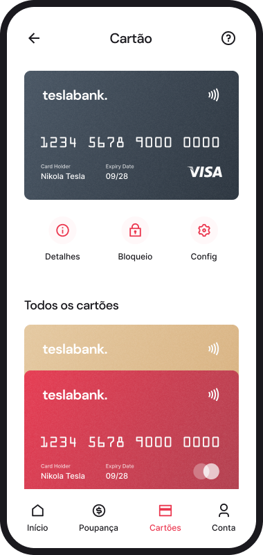Imagem de um smartphone com o app do tesla bank aberto